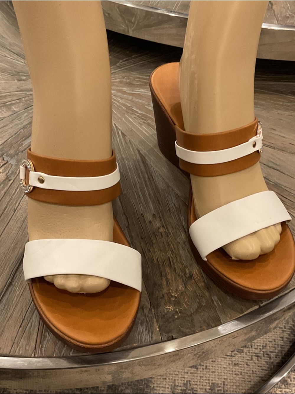 Toscanella Classic Two-Tone Tan and White Wedge Sandals Italy